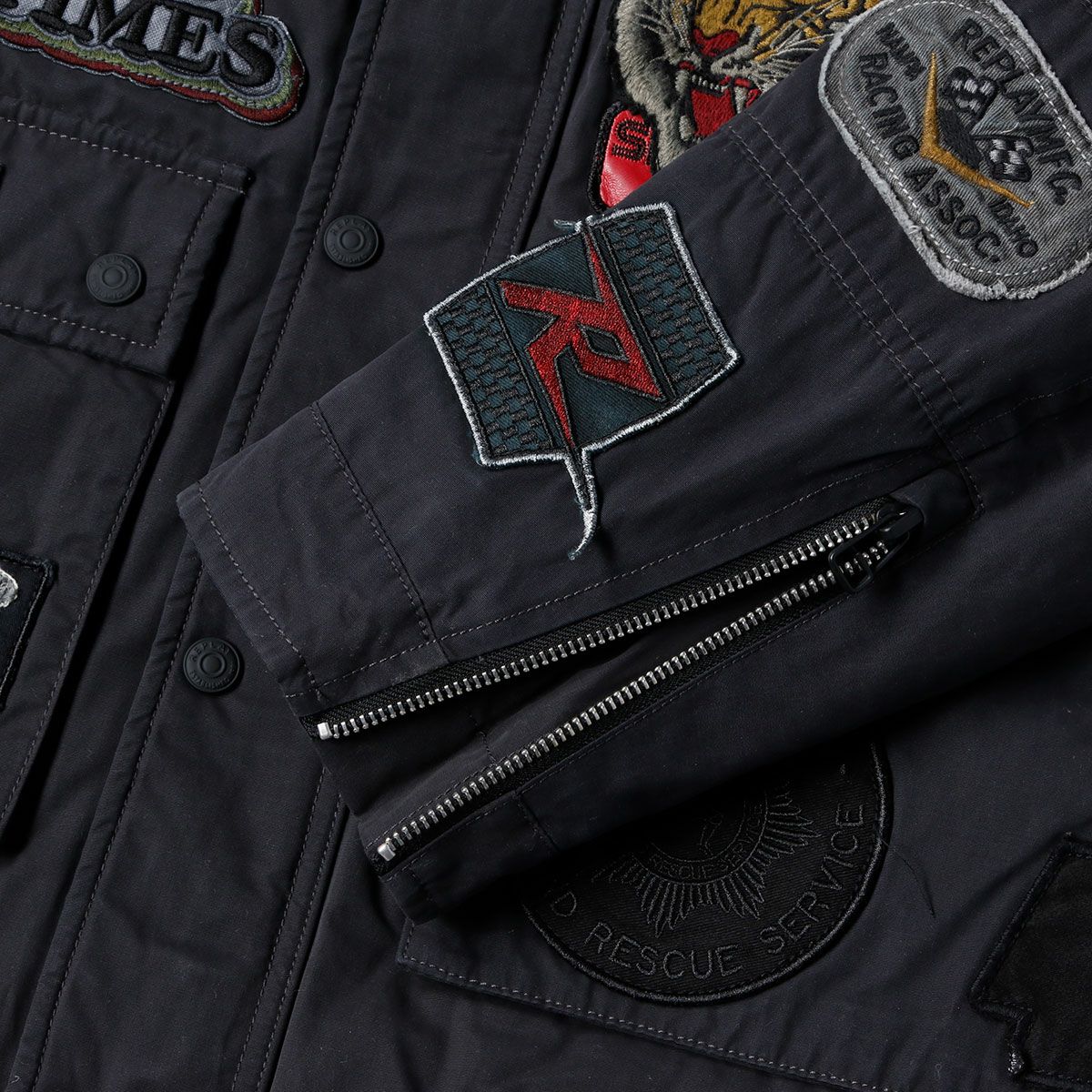 Replay｜ワックスドナイロン ライダーズパッチ バイカージャケット｜ファブリック｜パイレーツブラック