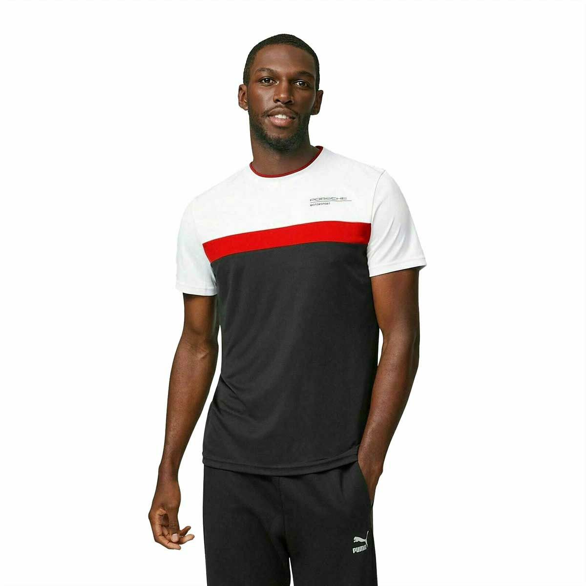 PORSCHE｜ポルシェ FW カラー ブロック Tシャツ｜ブラック｜モデル着用