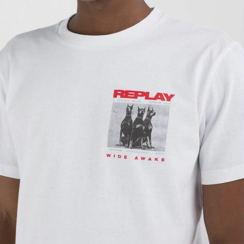 Replay｜モーターサイクル ドッグ プリント Ｔシャツ｜ホワイト｜モデル着用