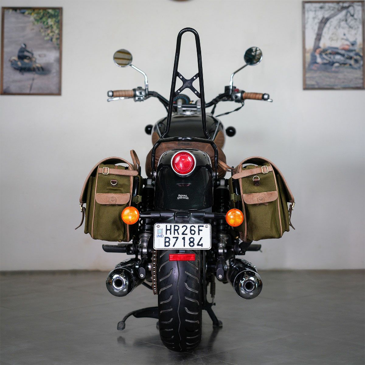 Trip Machine｜エクスペディション サドルバッグ （左右ペア）｜サイドバッグ｜グリーン×タバコ｜使用イメージ