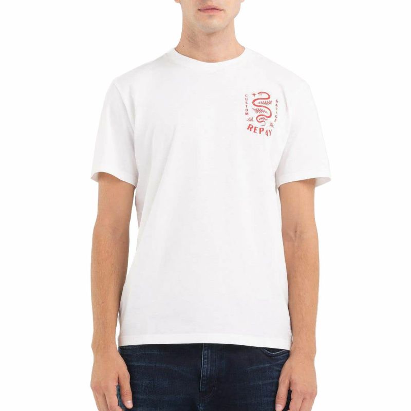 Replay｜カスタムガレージ スネーク プリント Ｔシャツ｜ホワイト｜モデル着用