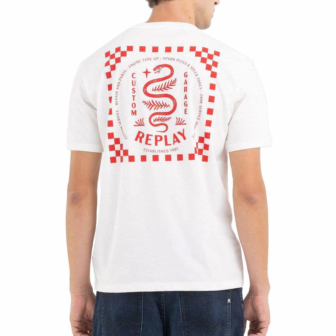 Replay｜カスタムガレージ スネーク プリント Ｔシャツ｜ホワイト｜モデル着用