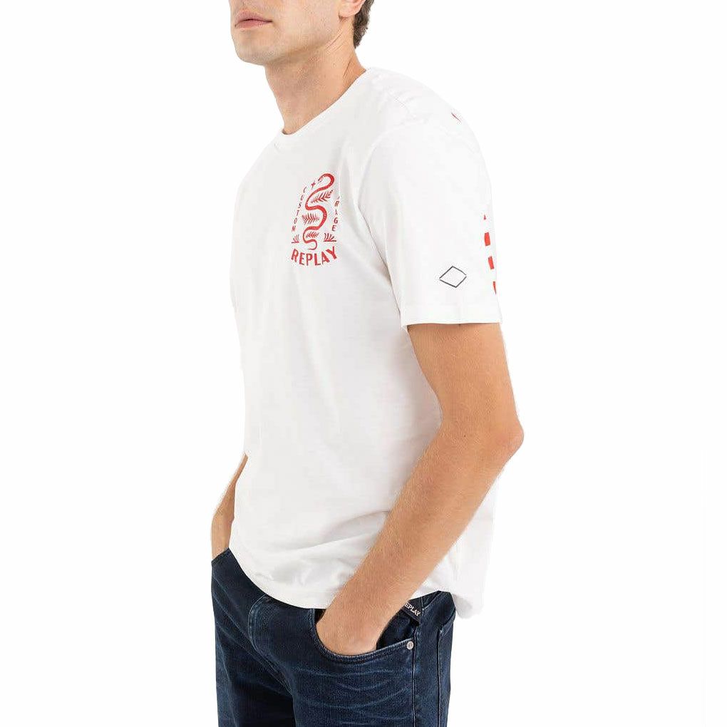 Replay｜カスタムガレージ スネーク プリント Ｔシャツ｜ホワイト｜モデル着用