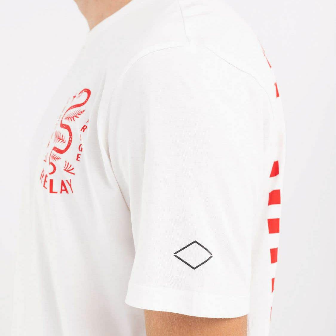 Replay｜カスタムガレージ スネーク プリント Ｔシャツ｜ホワイト｜モデル着用