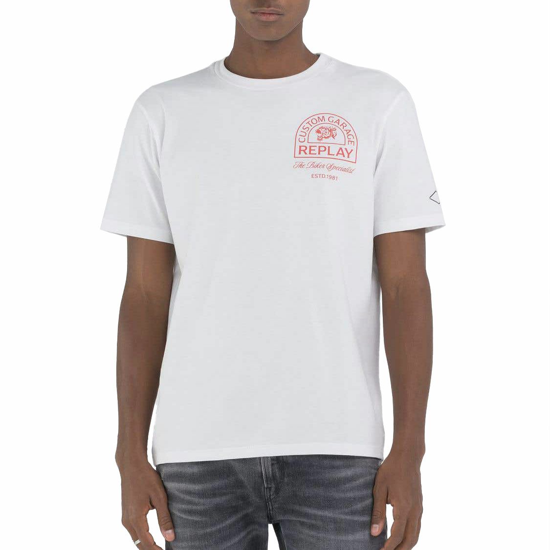 Replay｜カスタムガレージ タイガー プリント Ｔシャツ｜ナチュラルホワイト｜モデル着用