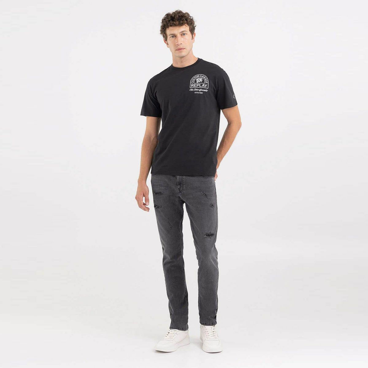 Replay｜カスタムガレージ タイガー プリント Ｔシャツ｜ブラック｜モデル着用