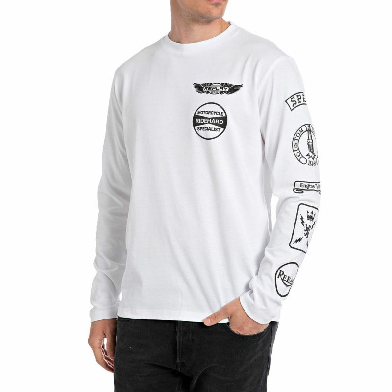 Replay｜オープンエンドジャージーモーターサイクルロングTシャツ｜ロングスリーブ｜ホワイト｜モデル着用