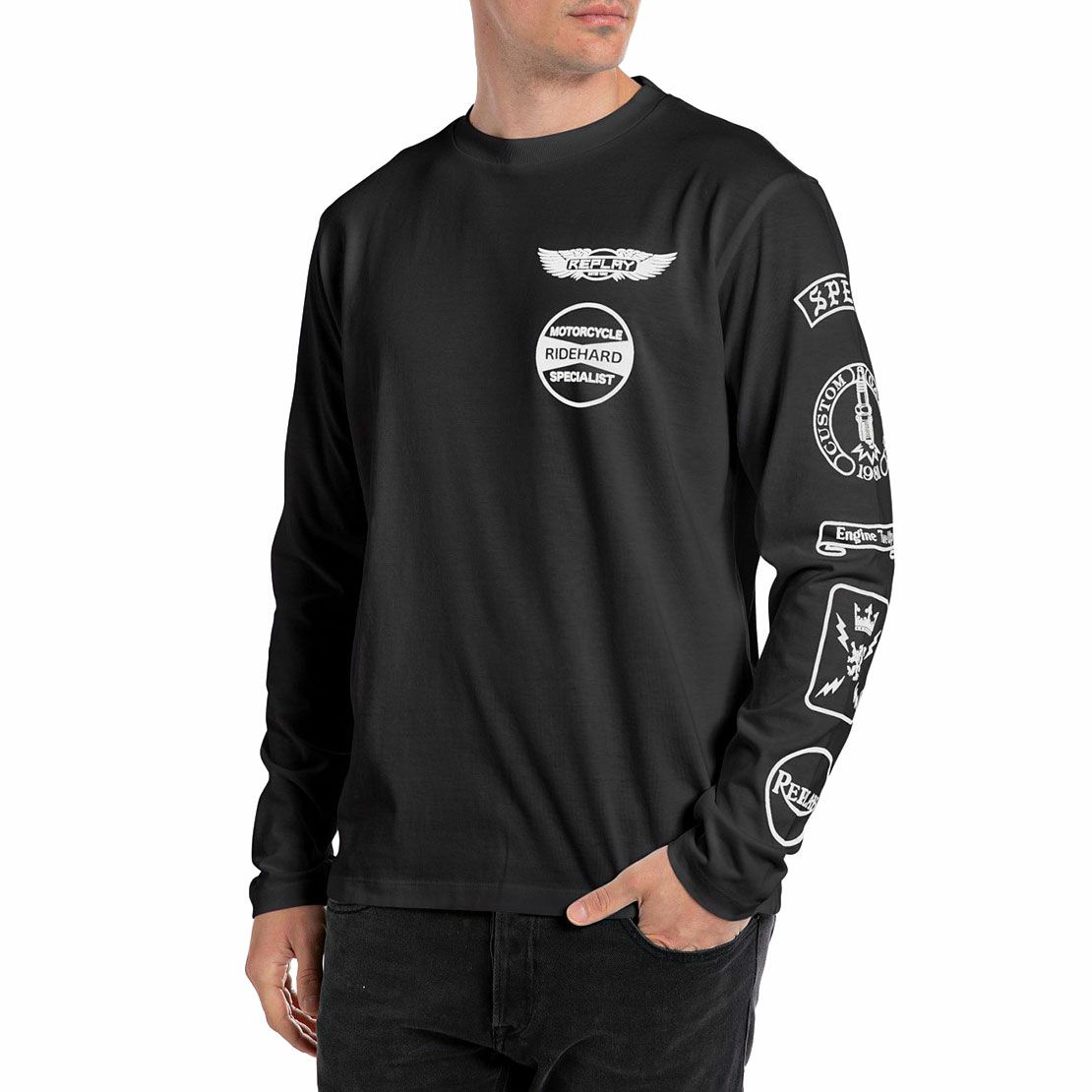 Replay｜オープンエンドジャージーモーターサイクルロングTシャツ｜ロングスリーブ｜ニアリーブラック｜モデル着用