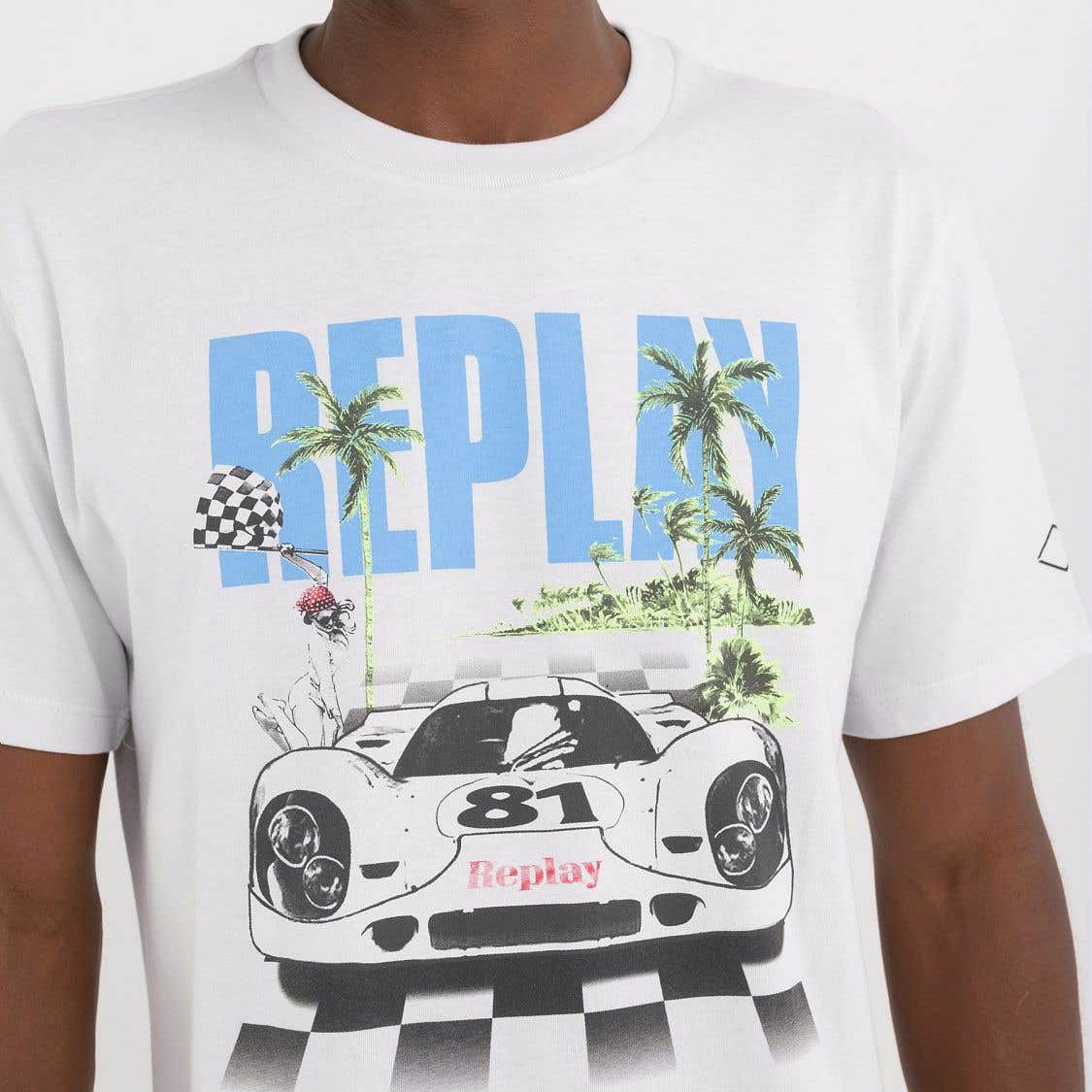 Replay｜レーシングカー プリント Ｔシャツ｜ミルキーホワイト｜モデル着用