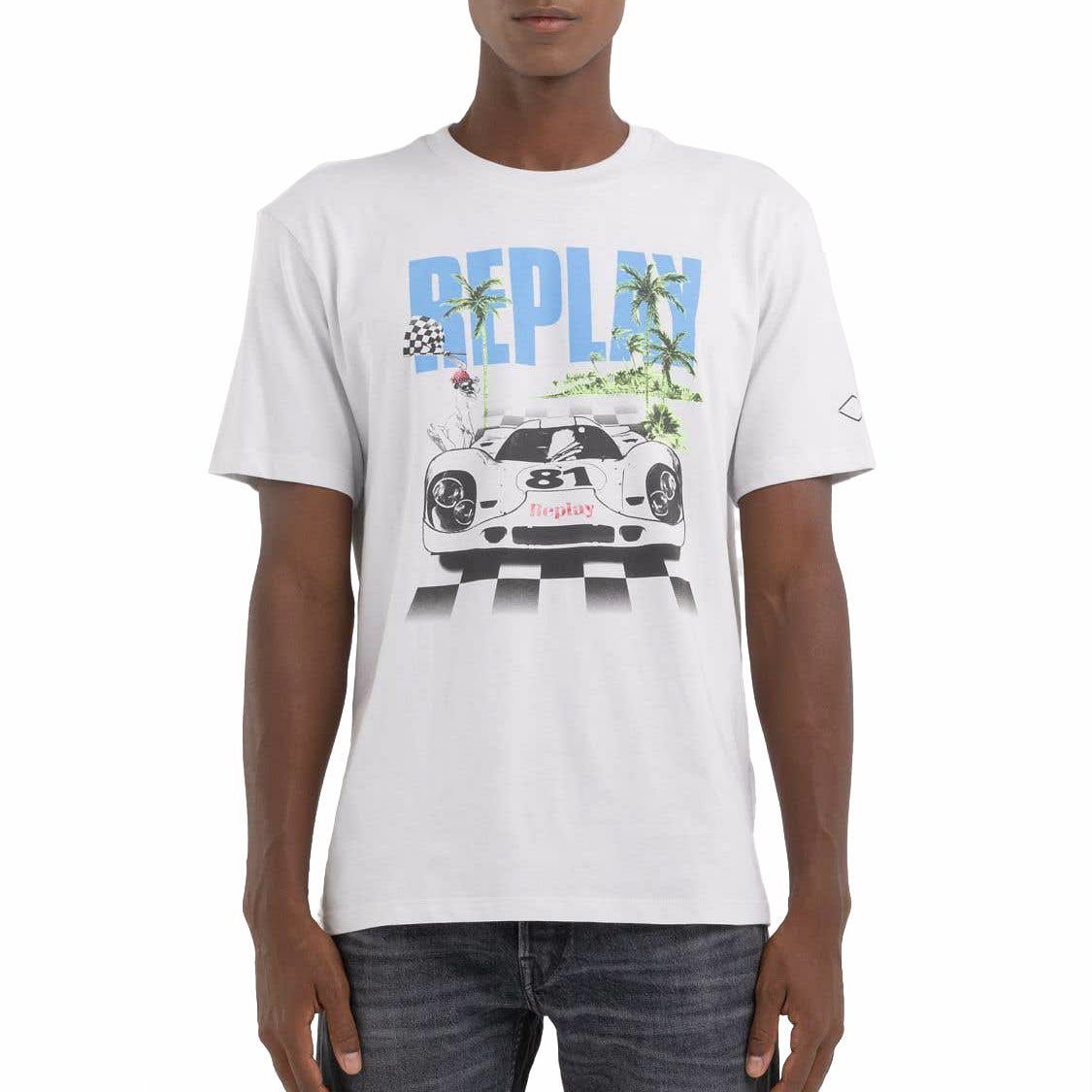 Replay｜レーシングカー プリント Ｔシャツ｜ミルキーホワイト｜モデル着用