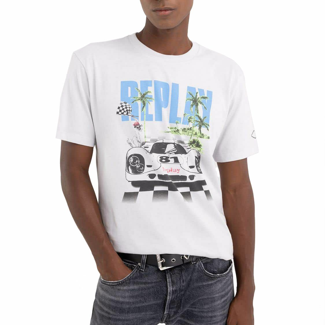 Replay｜レーシングカー プリント Ｔシャツ｜ミルキーホワイト｜モデル着用