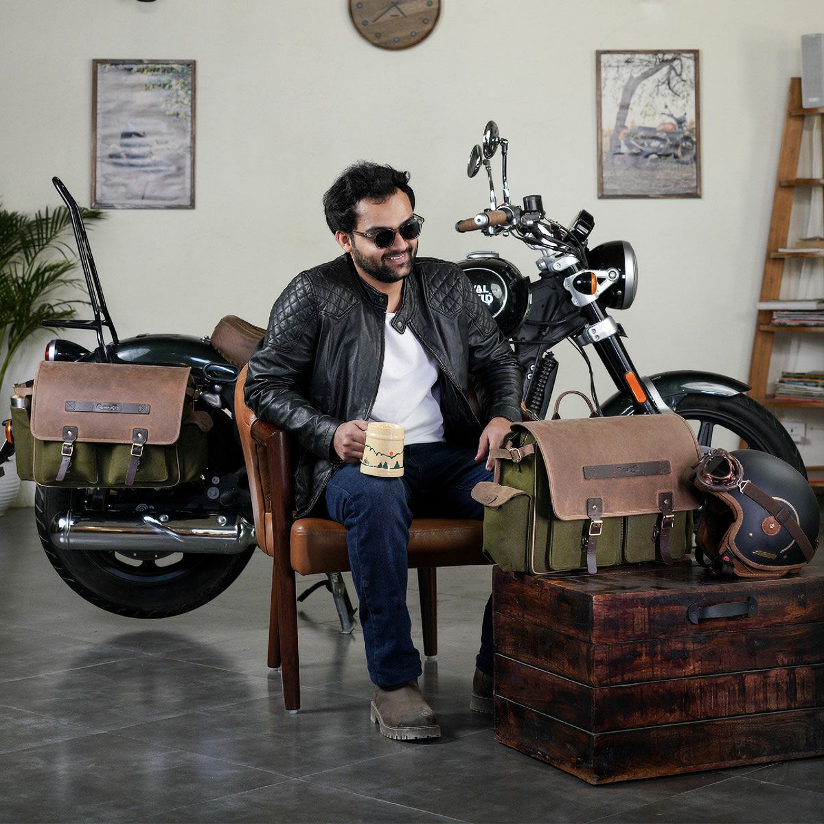 Trip Machine｜エクスペディション サドルバッグ｜サイドバッグ｜グリーン×タン｜使用イメージ