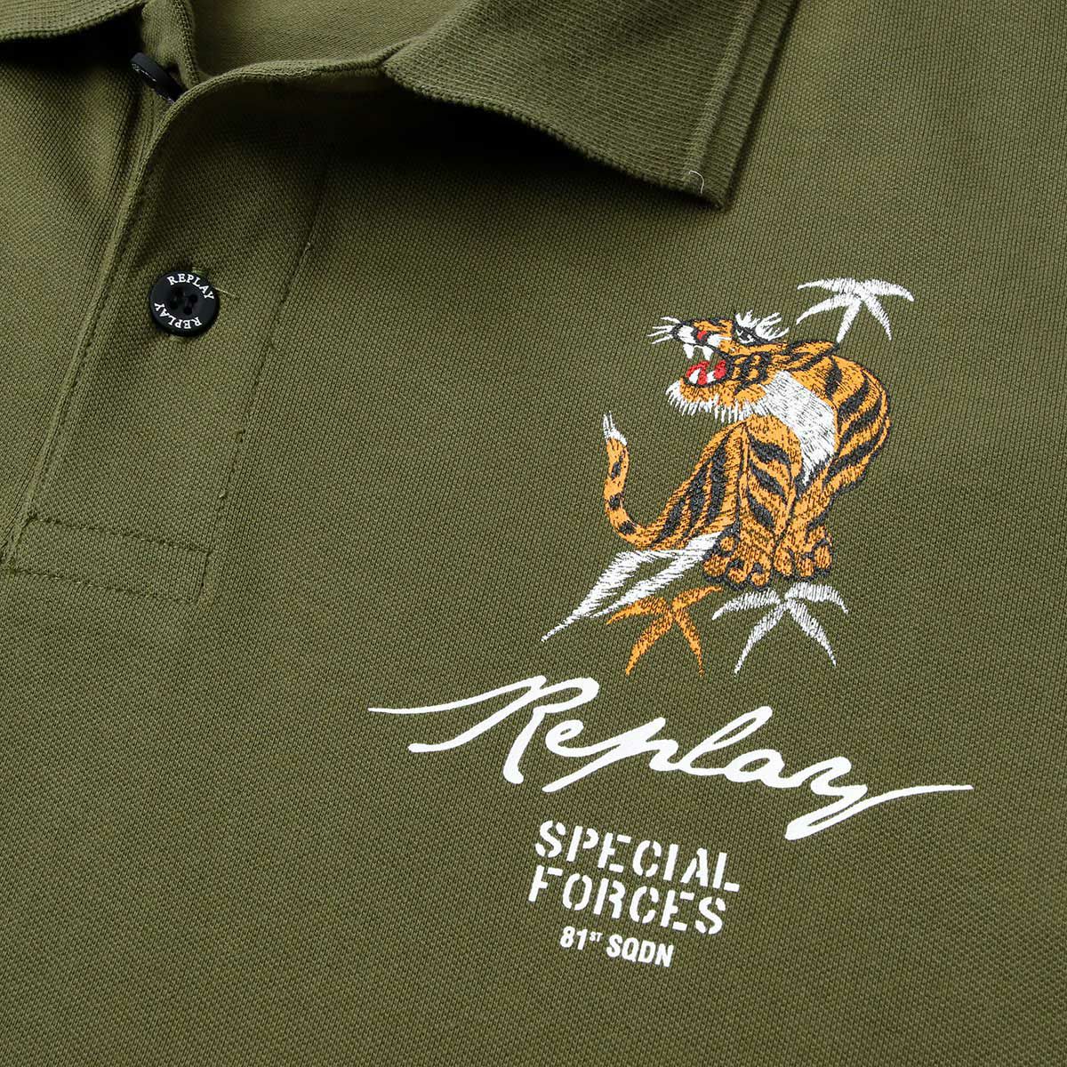 Replay｜タイガーグラフィック ポロシャツ｜アーミーグリーン
