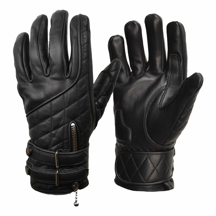 Goldtop｜キルティング カフェレーサー レザーグローブ｜3シーズン｜ブラック