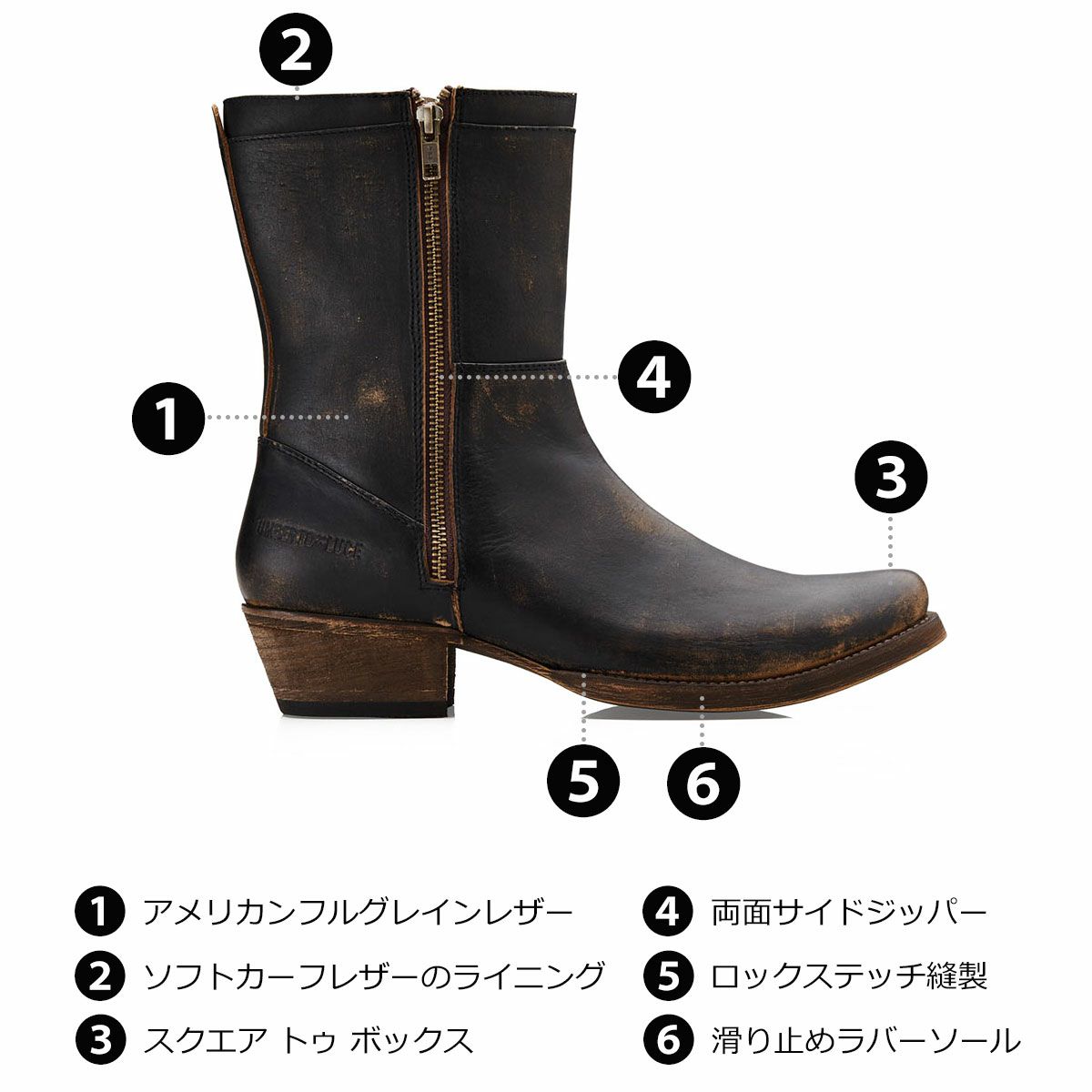 UMBERTO x LUCE｜ラッサー カウボーイ ブーツ｜ブーツタイプ｜ダークブラウン