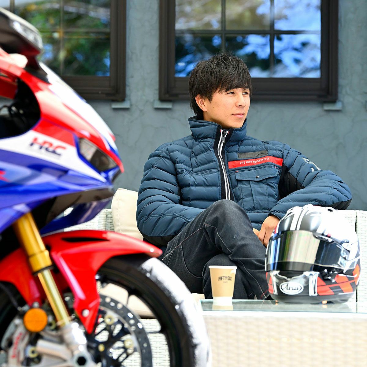 56design｜ウィンター アーバン ライディング ジャケット｜ファブリック｜ブルー｜モデル着用