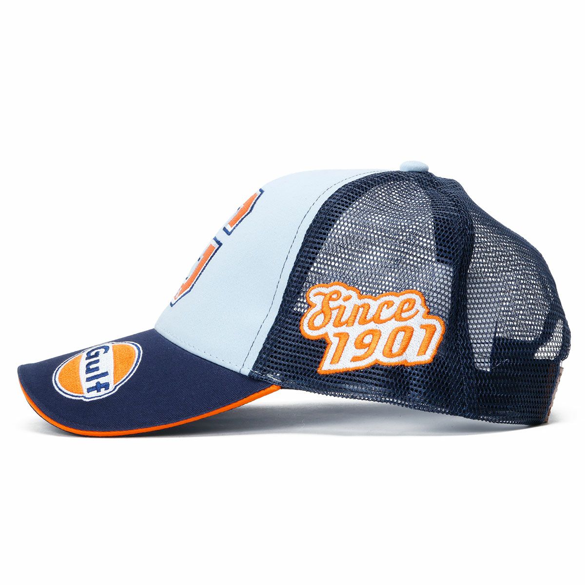 GULF｜ガルフ レーシング バーシティー トラッカー キャップ｜帽子｜ネイビーブルー×ライトブルー