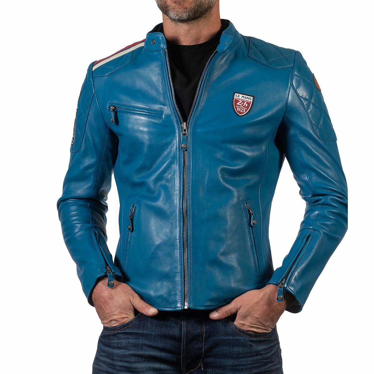 CLASSIC LEGEND MOTORS｜ル・マン 24時間レース 1923 Duff レザー ジャケット｜アウター｜オーシャンブルー｜モデル着用
