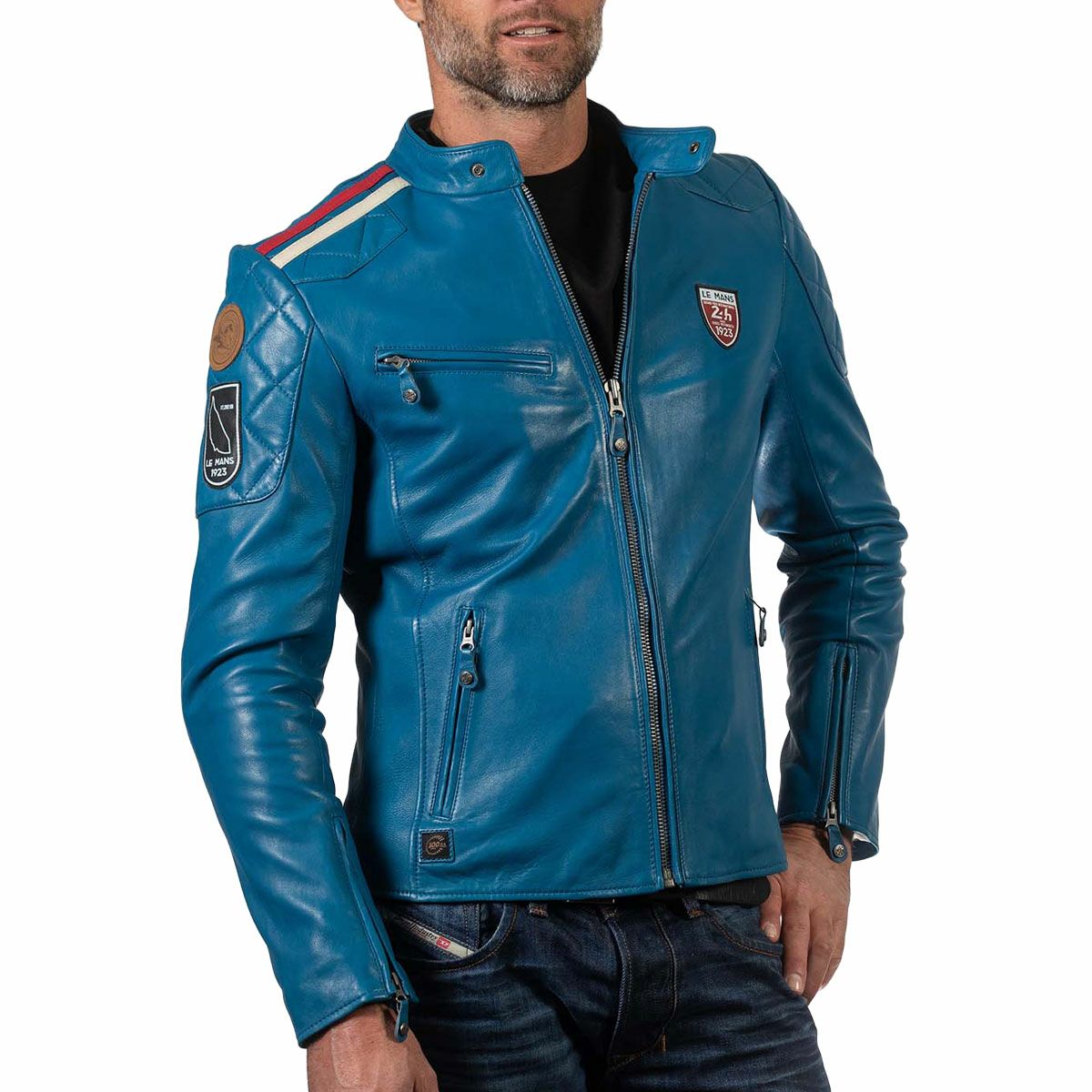 CLASSIC LEGEND MOTORS｜ル・マン 24時間レース 1923 Duff レザー ジャケット｜アウター｜オーシャンブルー｜モデル着用