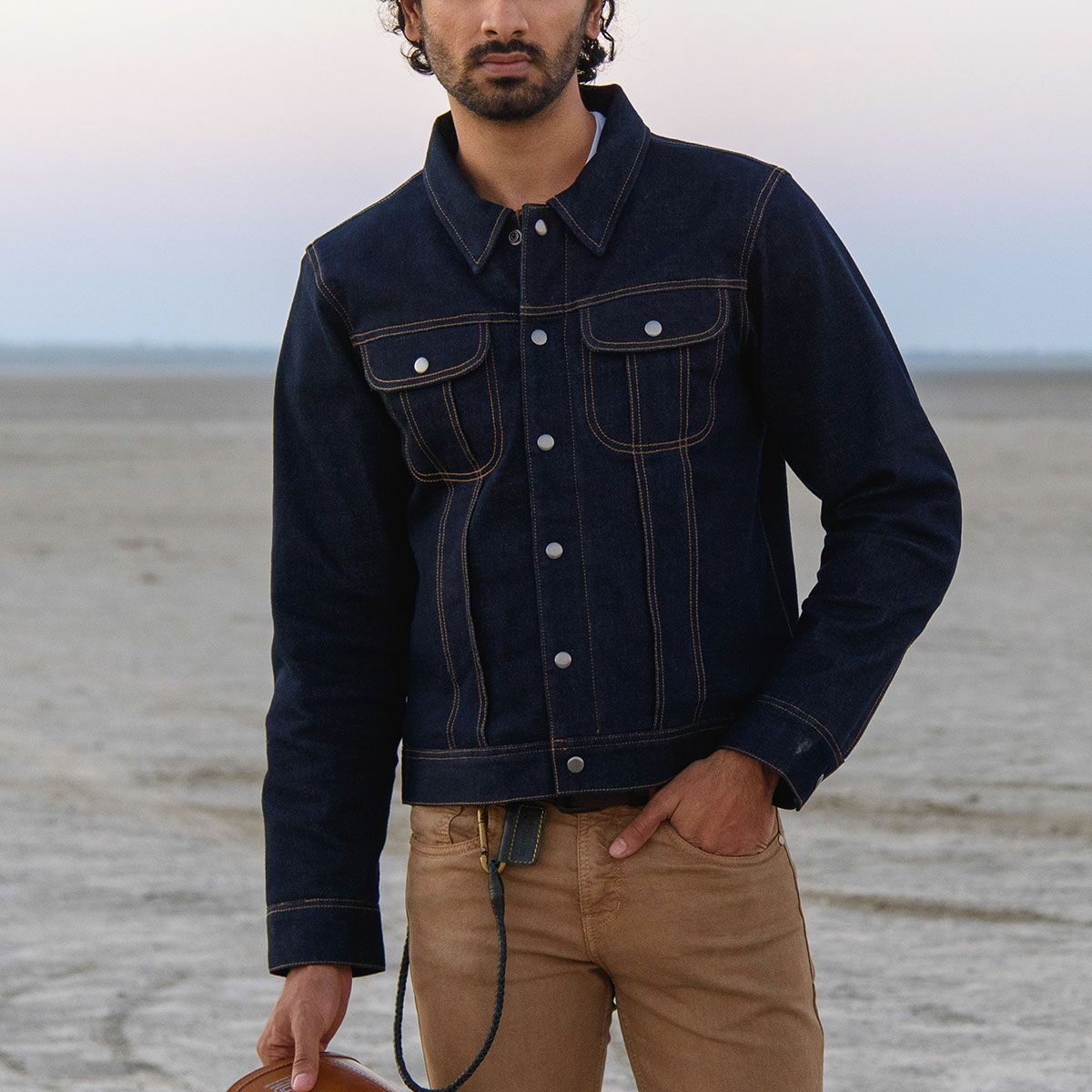 Trip Machine｜”ゼロ” デニム ライディングジャケット｜ファブリック｜インディゴ｜モデル着用