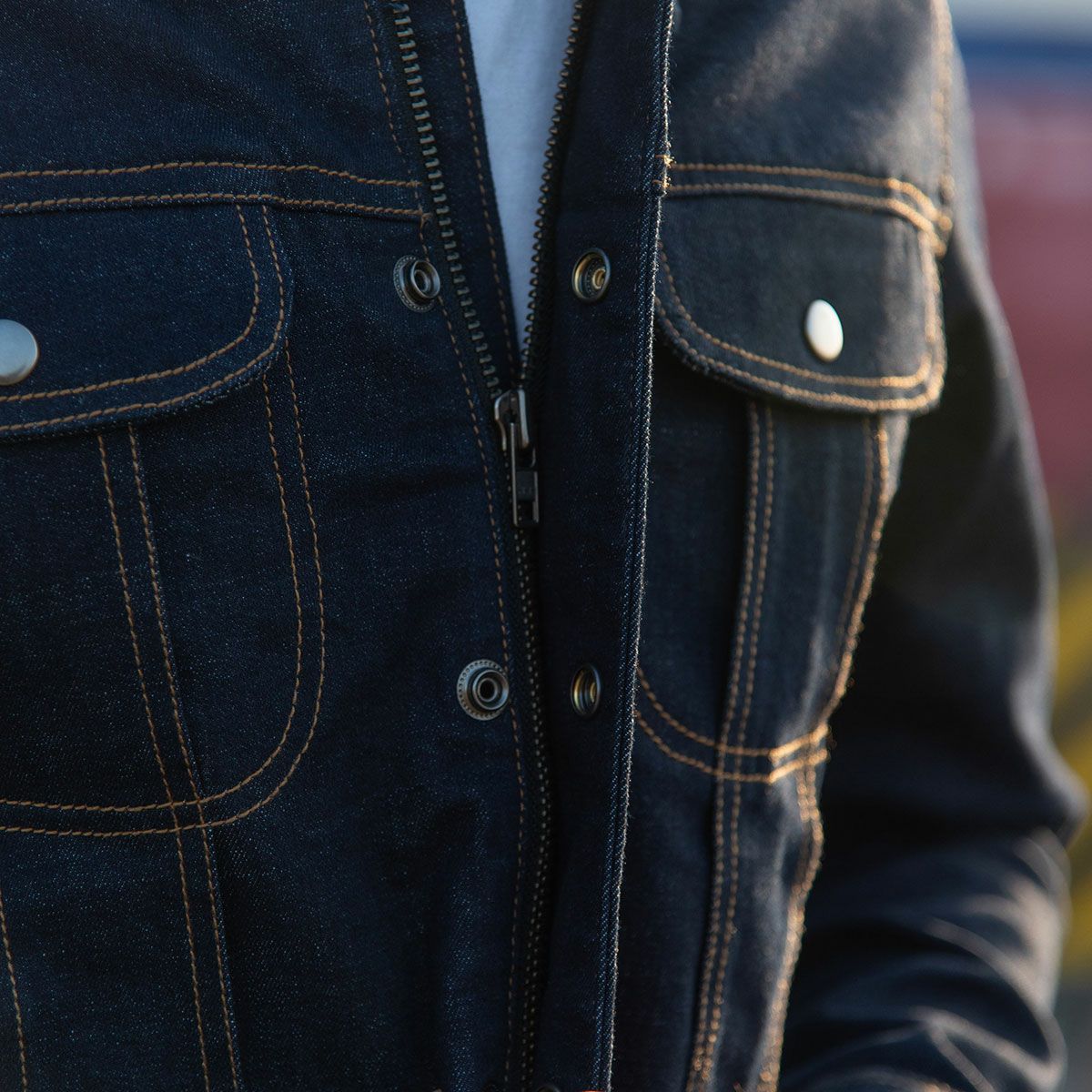 Trip Machine｜”ゼロ” デニム ライディングジャケット｜ファブリック｜インディゴ｜モデル着用