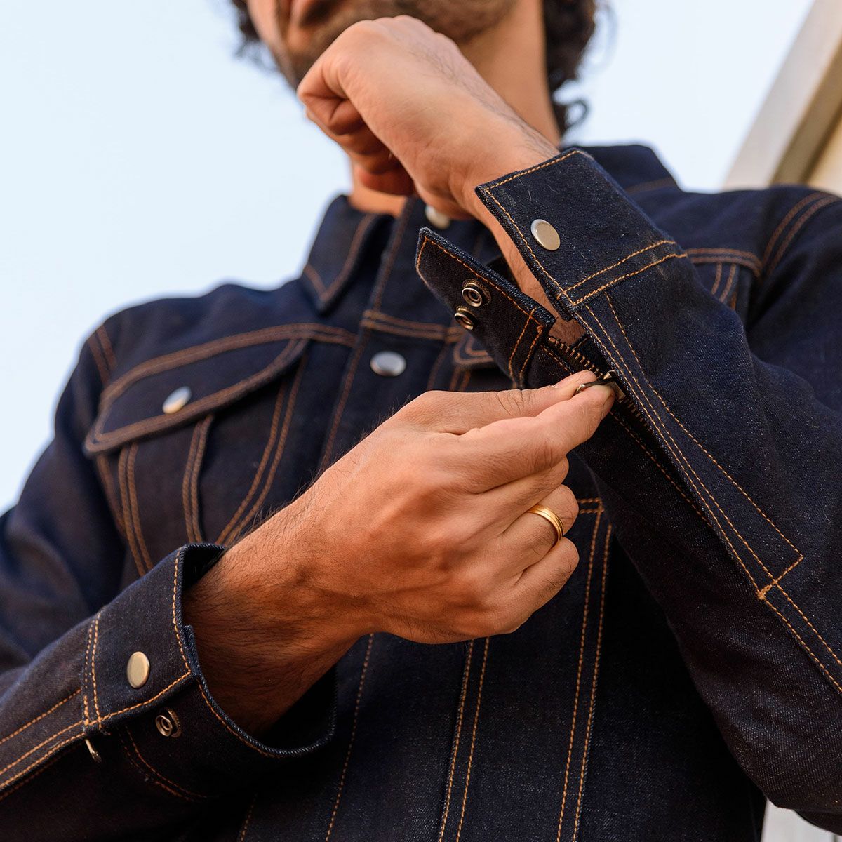 Trip Machine｜”ゼロ” デニム ライディングジャケット｜ファブリック｜インディゴ｜モデル着用