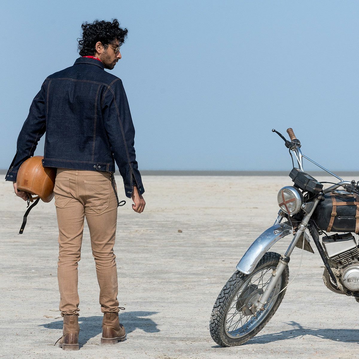 Trip Machine｜”ゼロ” デニム ライディングジャケット｜ファブリック｜インディゴ｜モデル着用