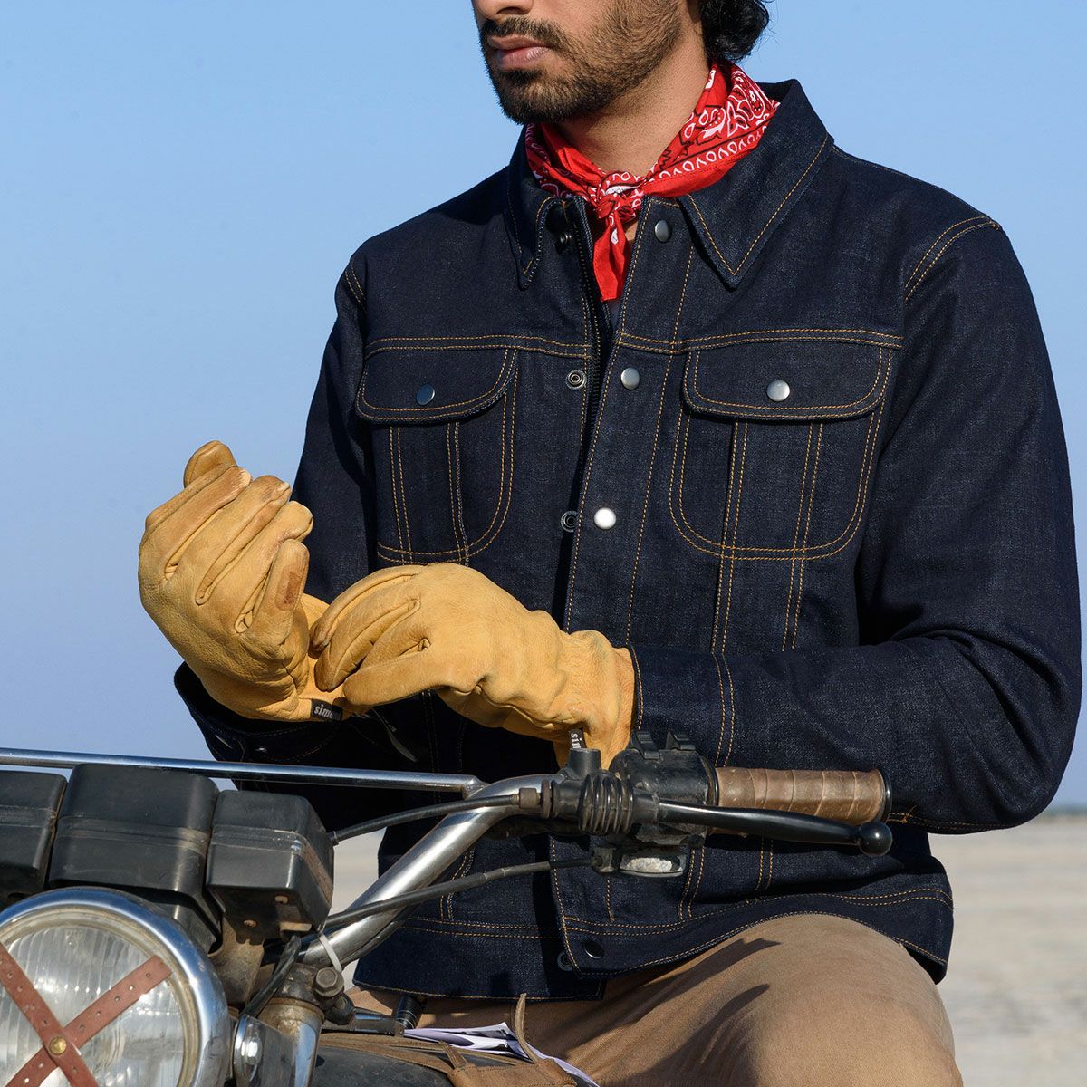 Trip Machine｜”ゼロ” デニム ライディングジャケット｜ファブリック｜インディゴ｜モデル着用