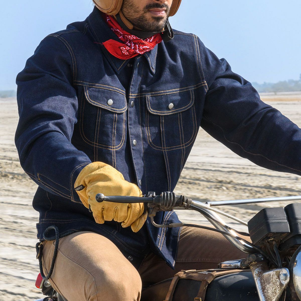 Trip Machine｜”ゼロ” デニム ライディングジャケット｜ファブリック｜インディゴ｜モデル着用