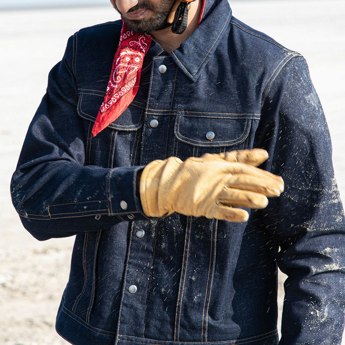 Trip Machine｜”ゼロ” デニム ライディングジャケット｜ファブリック｜インディゴ｜モデル着用