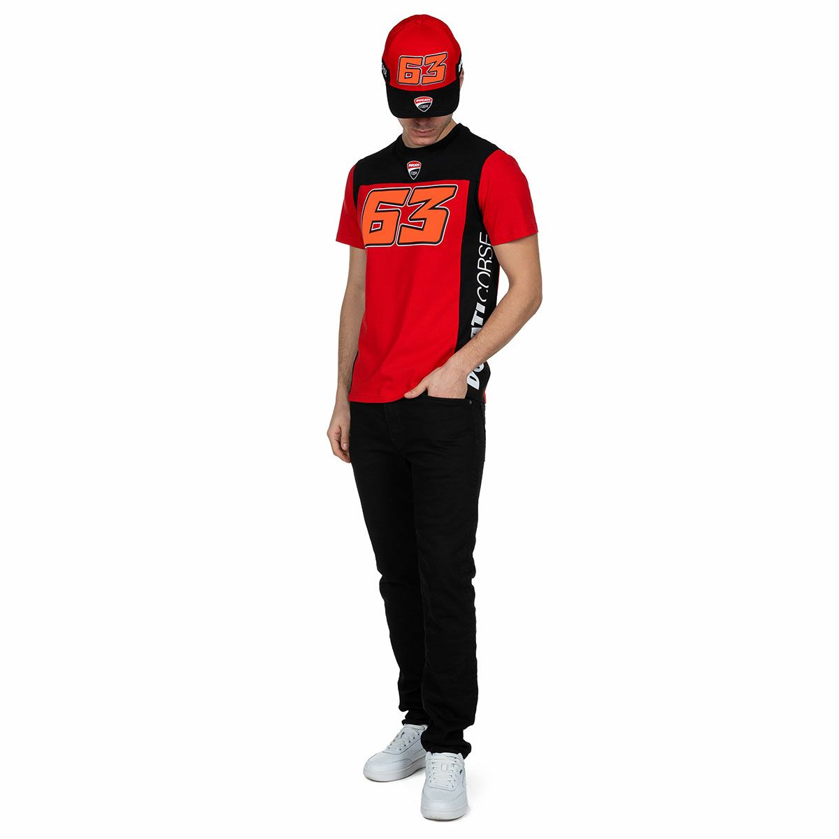 Moto GP Collection｜バニャイア ドゥカティ デュアル ストライプ Tシャツ｜レッド｜モデル着用