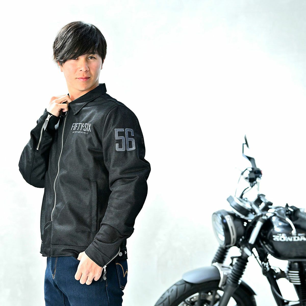 56design｜ワーカー メッシュジャケット｜ファブリック｜ブラック｜モデル着用