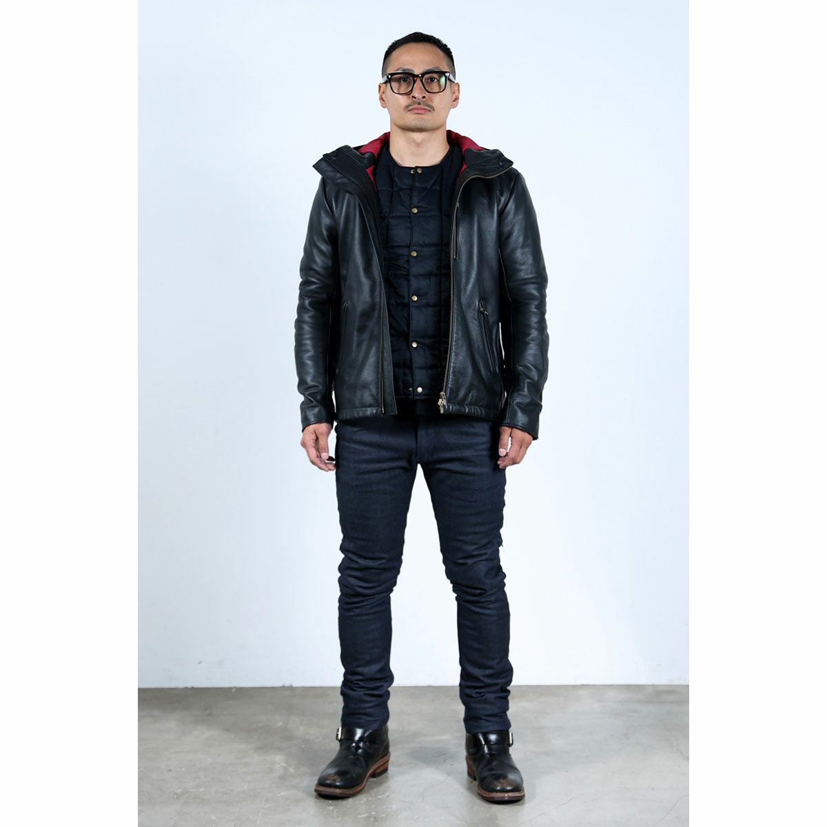 Dark｜防水レザーフードジャケット｜レザー｜ブラック｜モデル着用