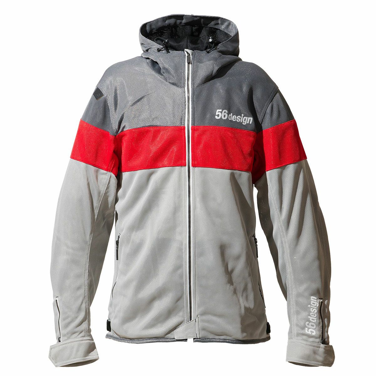 56design｜ボーダー メッシュ パーカー｜ファブリック｜グレー×レッド