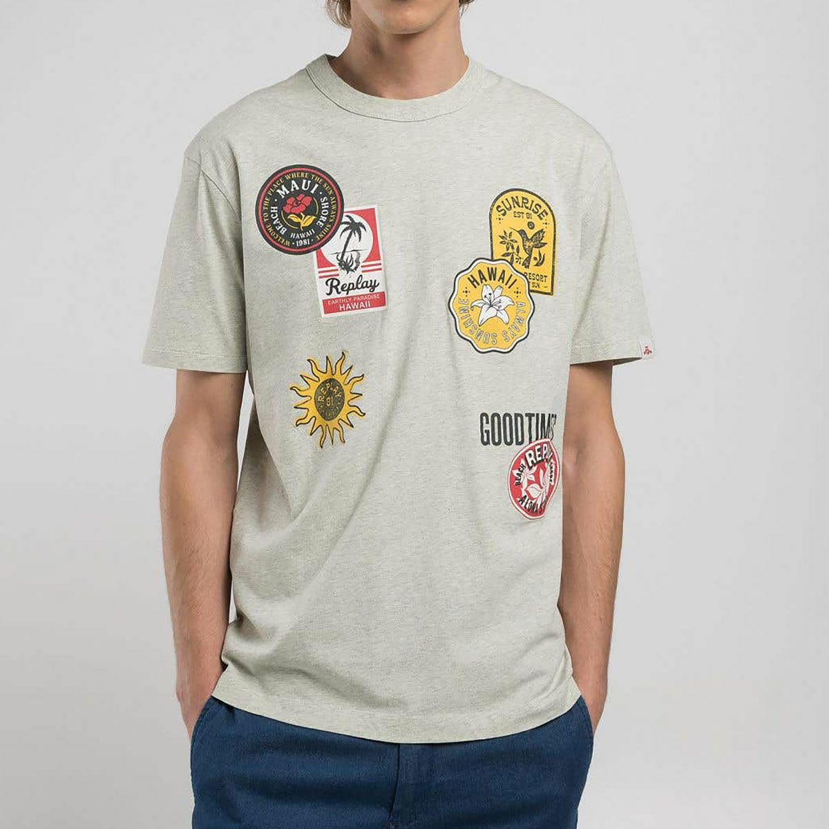 Replay｜エフェクト パッチ Tシャツ｜ライトミントメランジ｜モデル着用