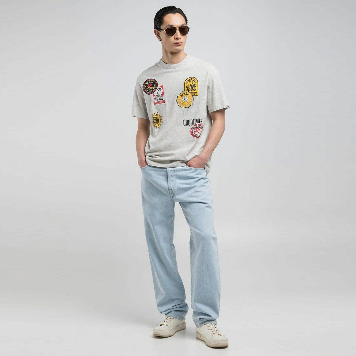 Replay｜エフェクト パッチ Tシャツ｜ライトグレーメランジ