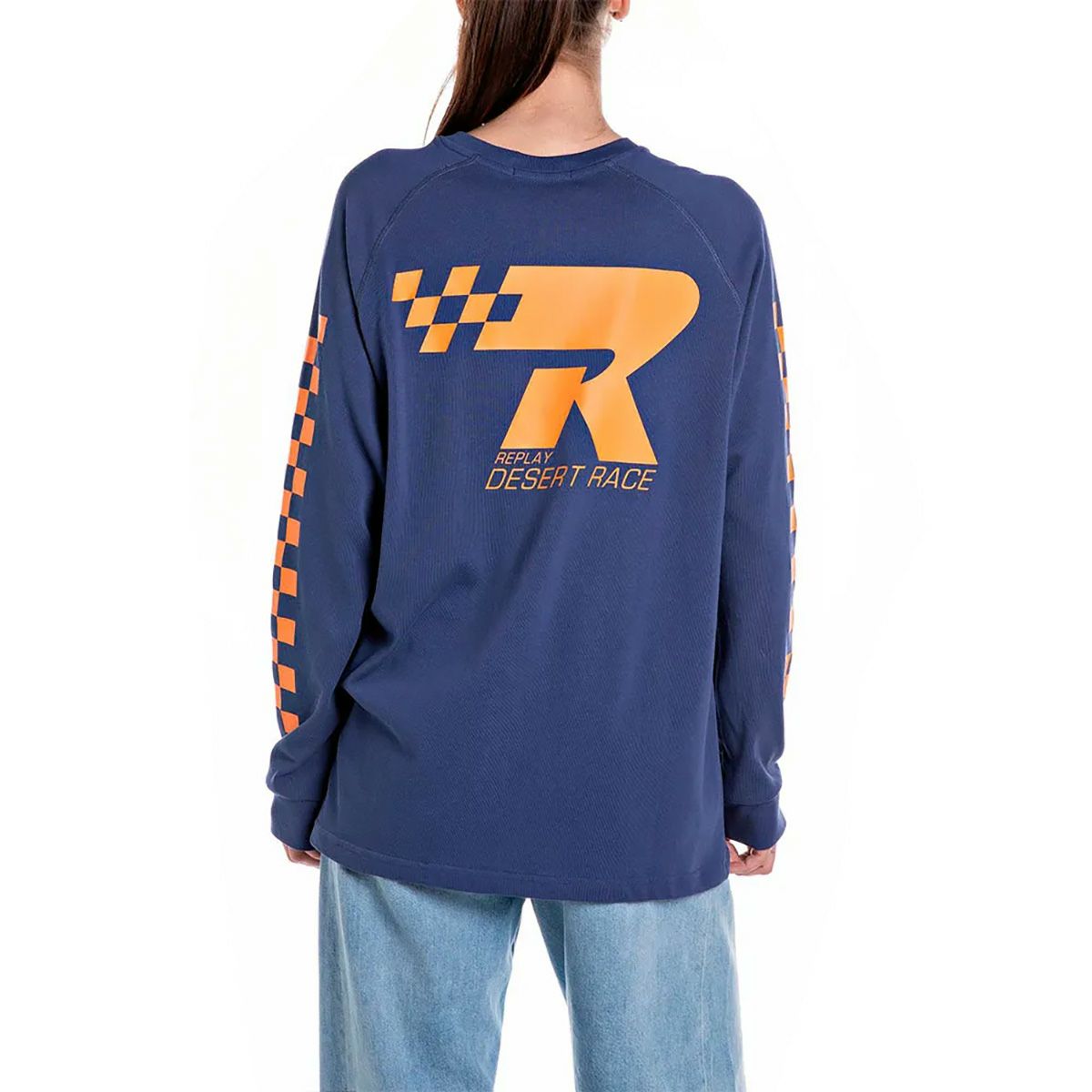 Replay｜チェッカープリント ロングスリーブ Tシャツ｜スキッパーブルー｜モデル着用