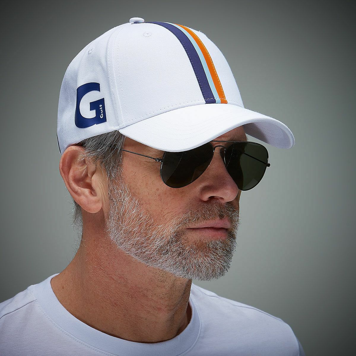 GULF｜ガルフ ストライプ キャップ (サイドプリント)｜帽子｜ホワイト｜モデル着用