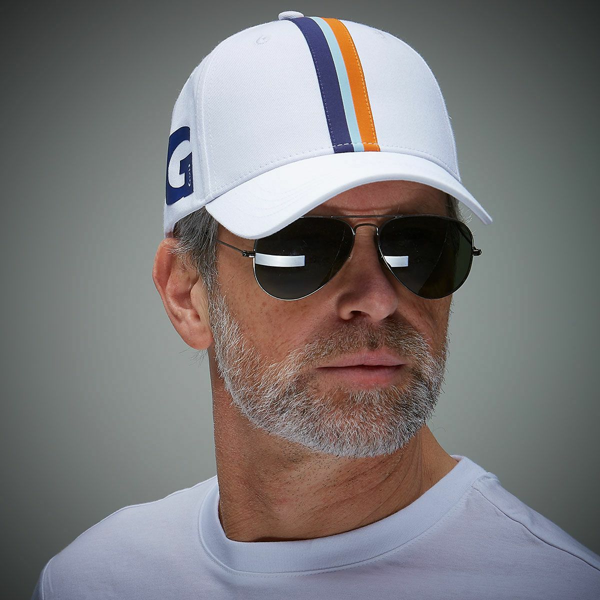 GULF｜ガルフ ストライプ キャップ (サイドプリント)｜帽子｜ホワイト｜モデル着用