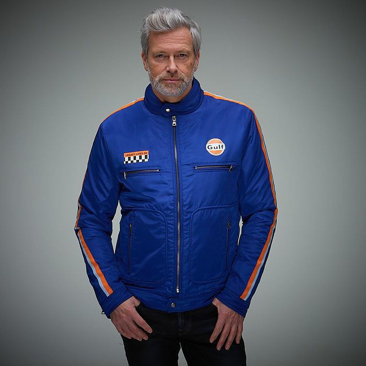 GULF｜ガルフ レーシング ジャケット｜アウター｜ブルー｜モデル着用