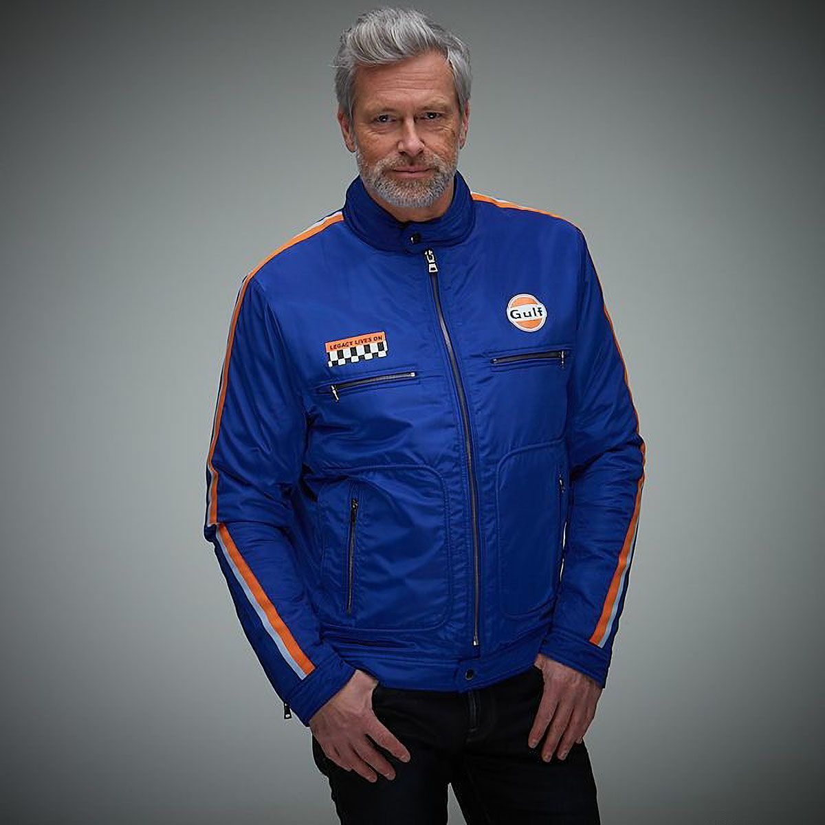 GULF｜ガルフ レーシング ジャケット｜アウター｜ブルー｜モデル着用