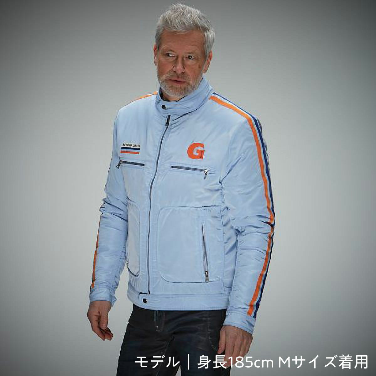 GULF｜ガルフ レーシング ジャケット｜アウター｜ライトブルー｜モデル着用