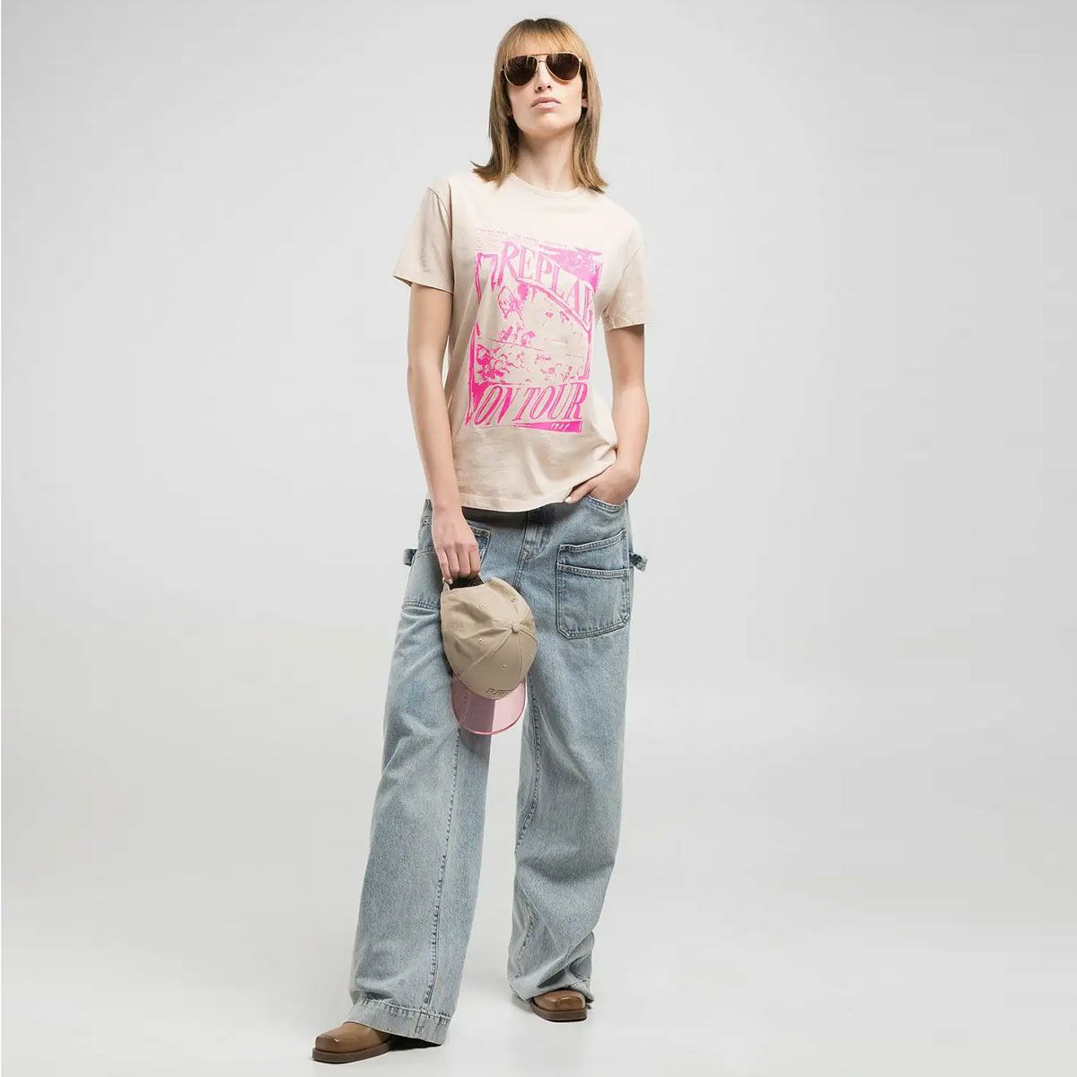 Replay｜レギュラーフィット プリント Tシャツ｜ピンクソルト｜モデル着用