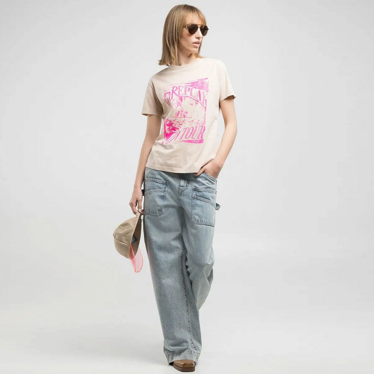 Replay｜レギュラーフィット プリント Tシャツ｜ピンクソルト｜モデル着用