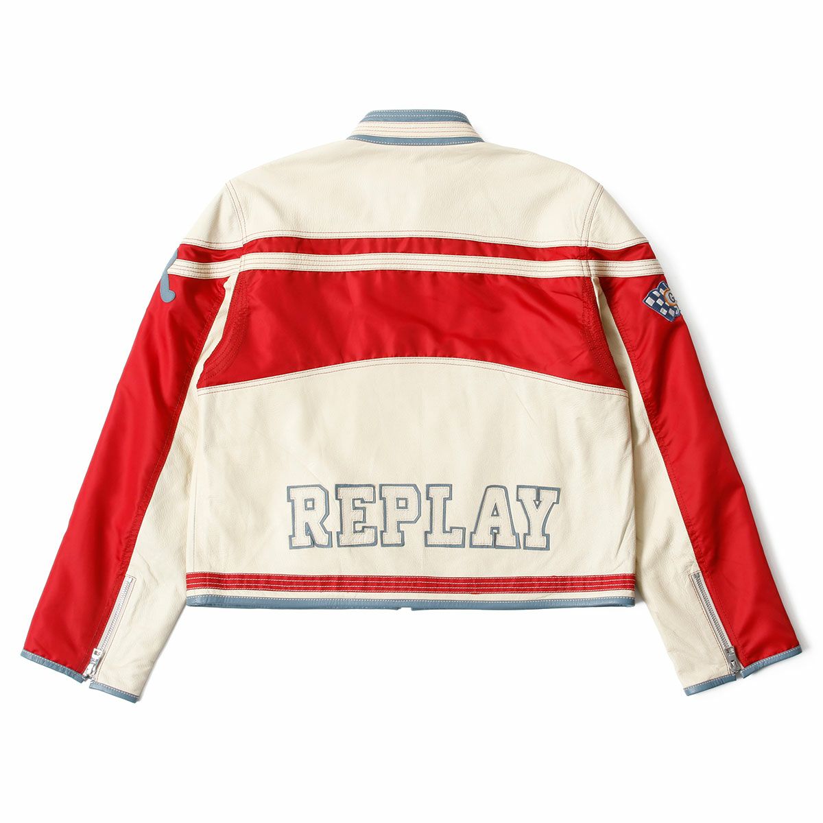 Replay｜レギュラーフィット レザージャケット｜バターホワイト×レッド×ブルー