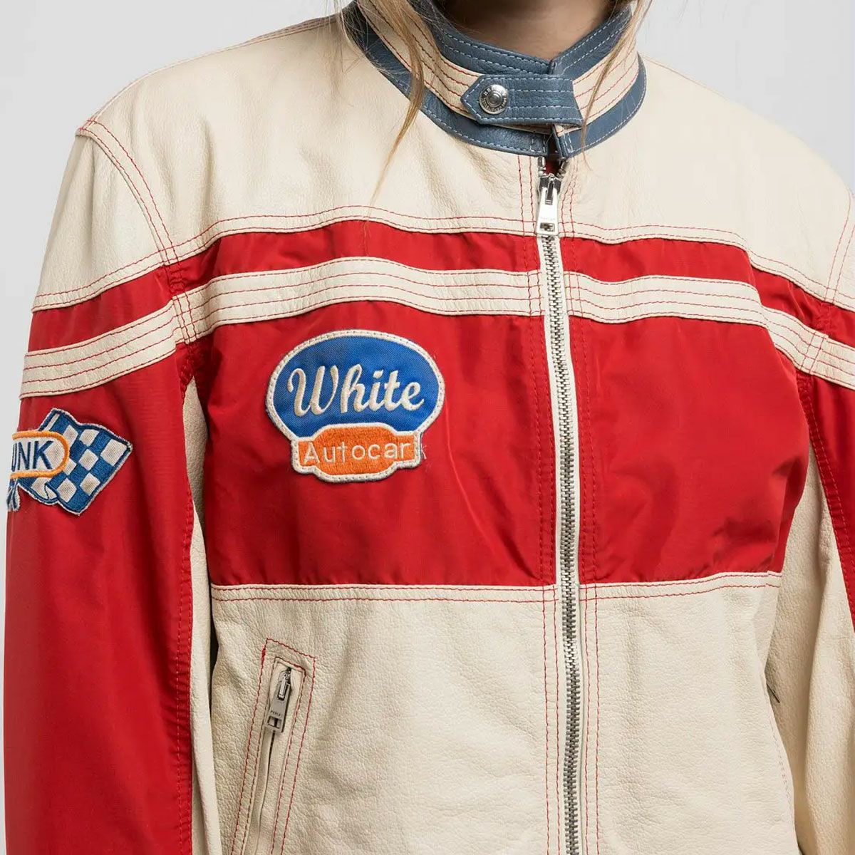 Replay｜レギュラーフィット レザージャケット｜バターホワイト×レッド×ブルー｜モデル着用
