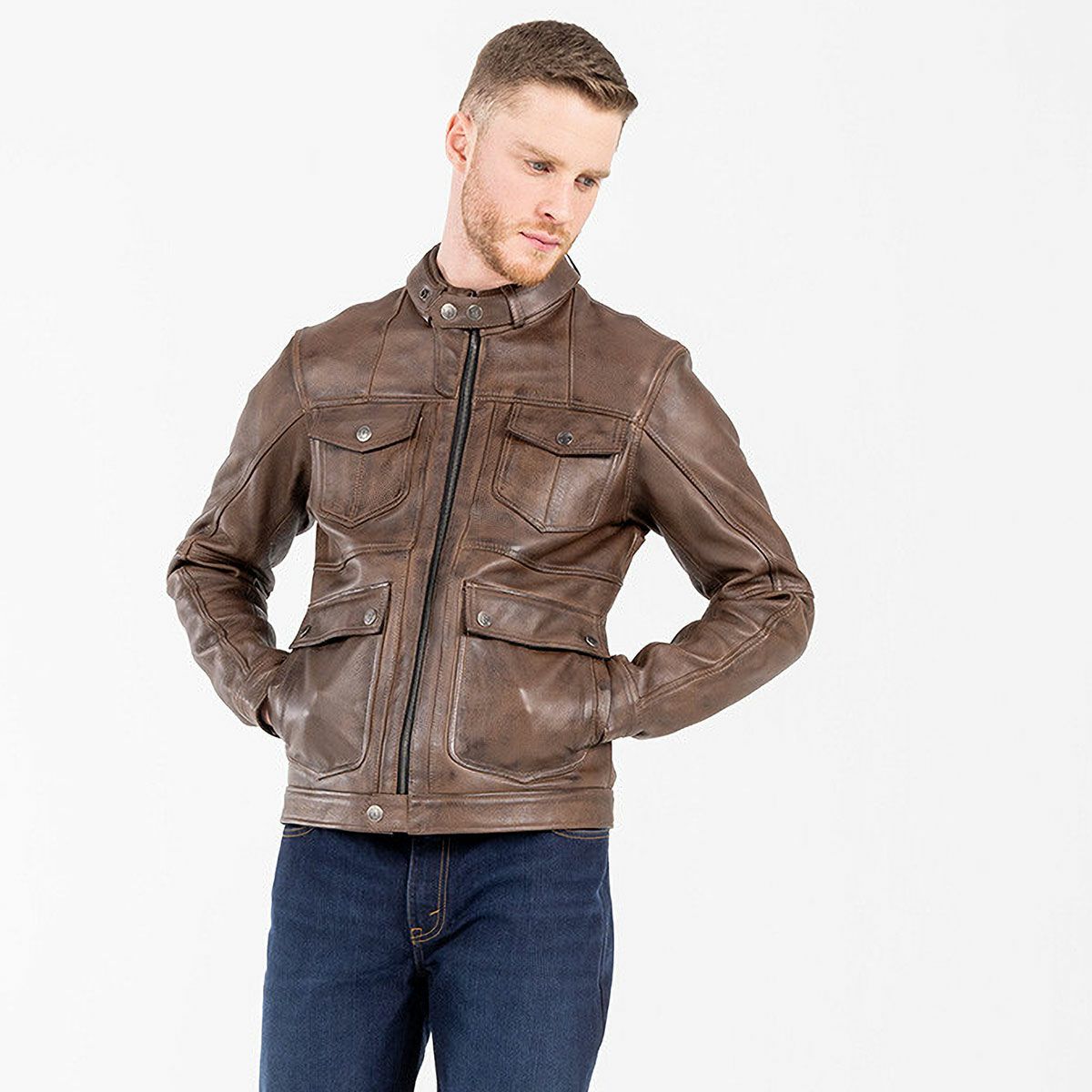 John Doe｜ドリフター レザージャケット｜ブラウン｜モデル着用