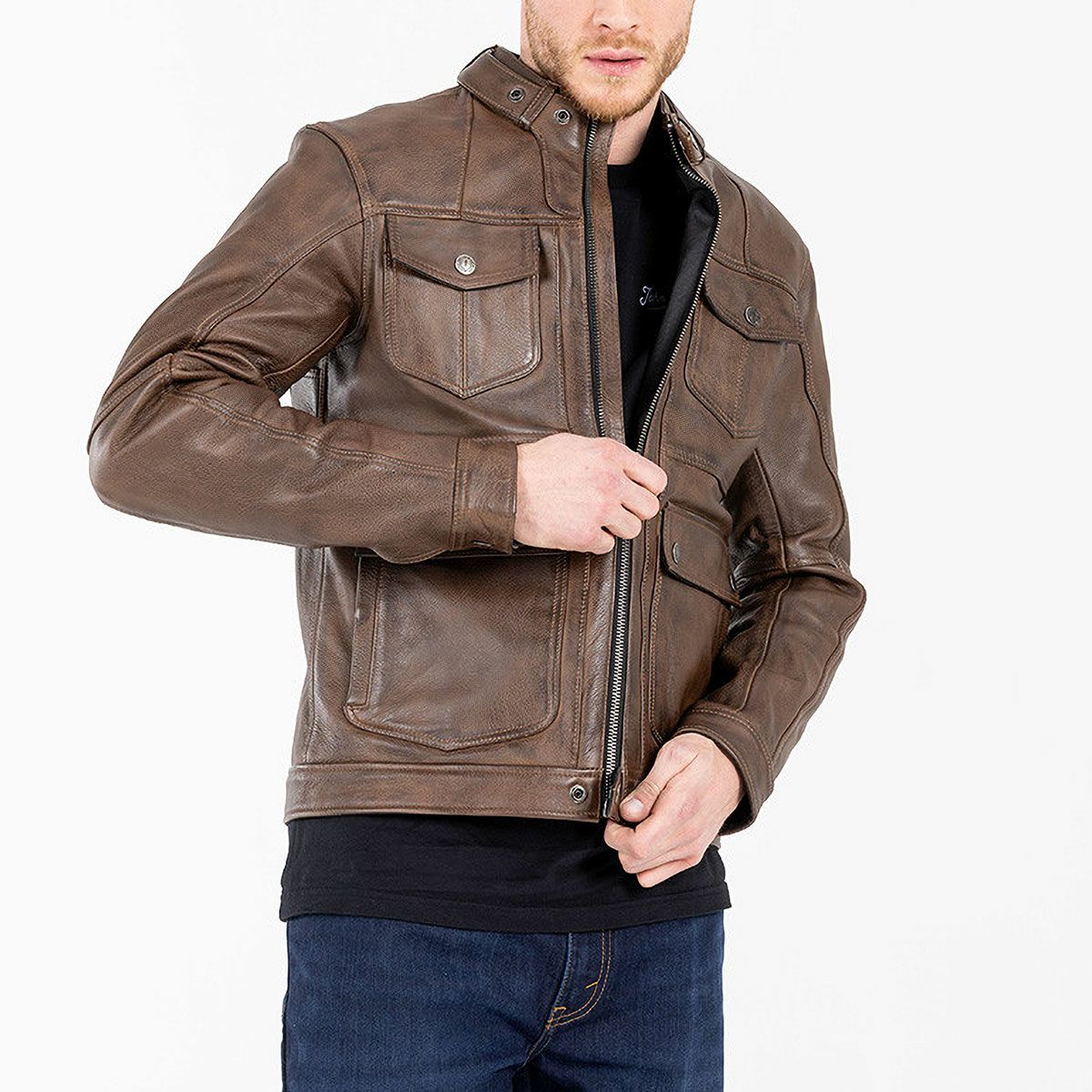 John Doe｜ドリフター レザージャケット｜ブラウン｜モデル着用