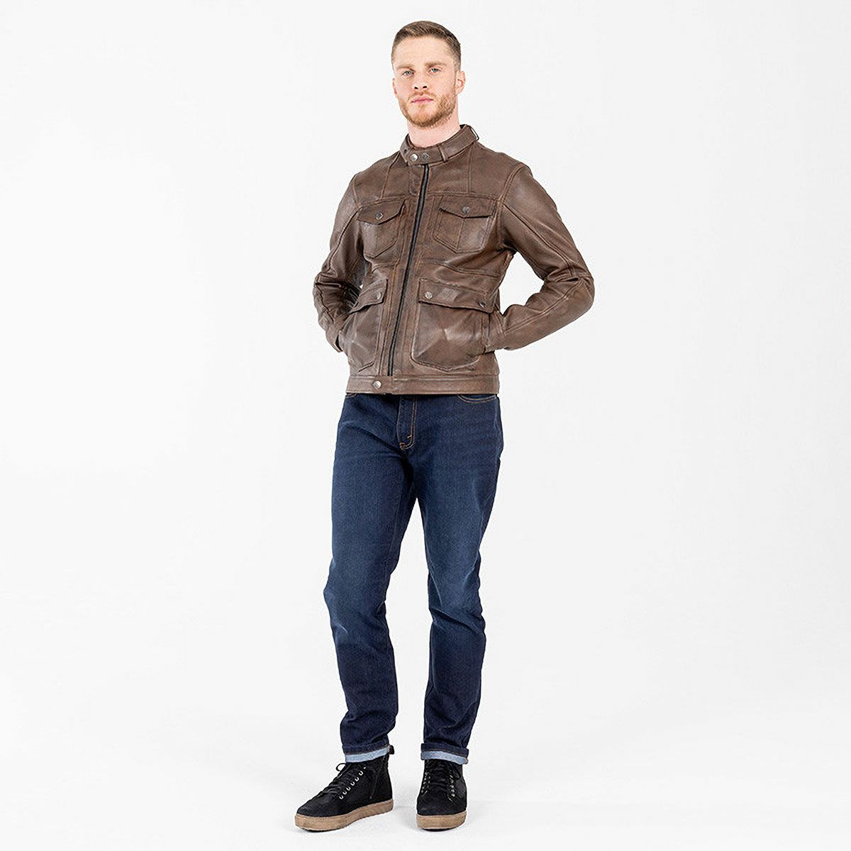 John Doe｜ドリフター レザージャケット｜ブラウン｜モデル着用