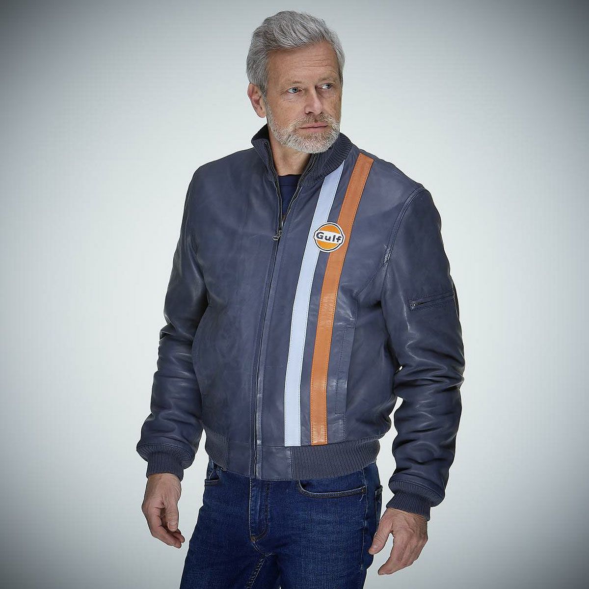 GULF｜ガルフ ストライプ ブルゾン｜アウター｜ネイビー｜モデル着用